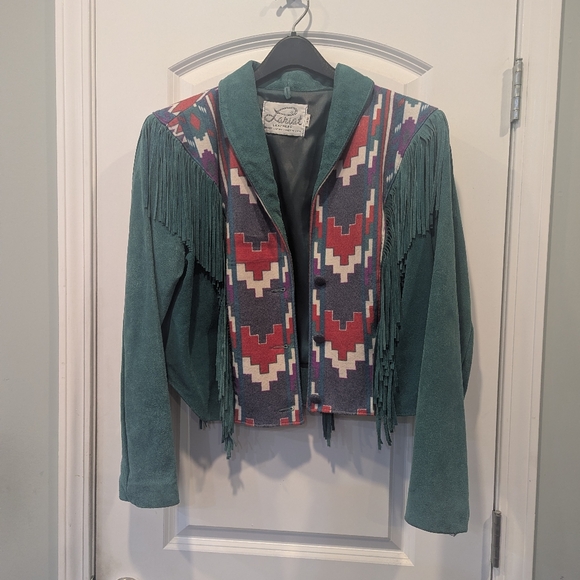 Lariat Women's Green Suede Leather Fringe Jacket Rodeo Cowgirl Aztec Size Large - Picture 7 of 14